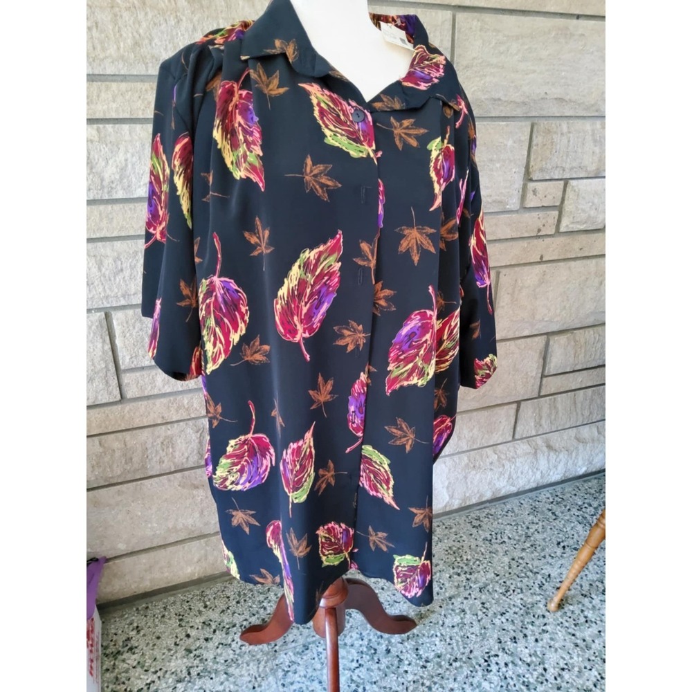 Vintage Personal Touch 4X Button Down Duster Dress Leaf Print Black Multicolor